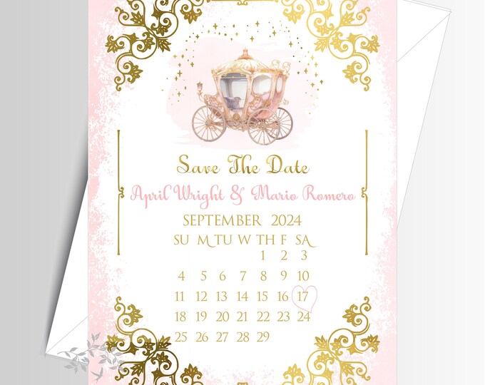 Cinderella Blush Gold Carriage Save The Date Invite | Wedding Invitation | Calligraphy Wedding Invitation | Lovebirdslane #I-0704-14