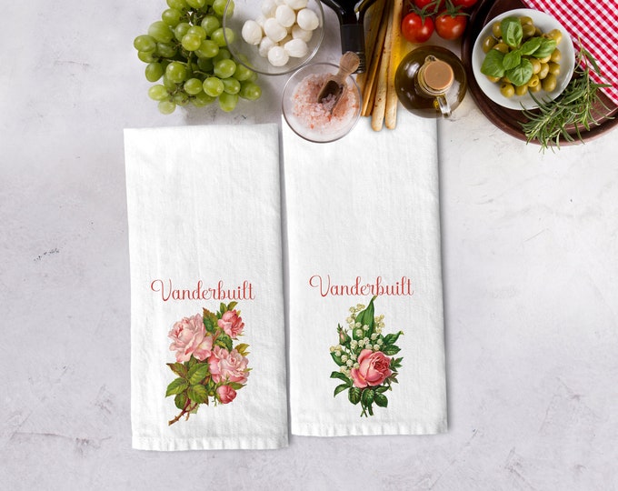 Personalized Vintage Rose Classic Family Name Cotton Set of 2 Tea Towels | Personalized Kitchen Hand Towel Gift Set