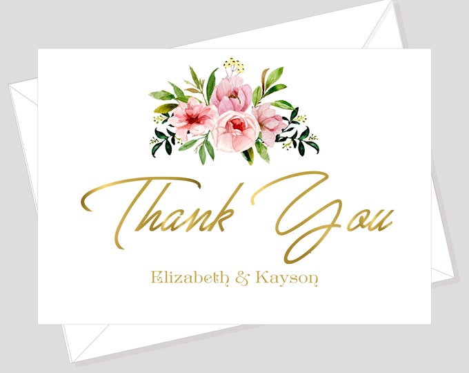 Wedding Thank You Card With Envelope | Bridal Shower Thank You Card | Folded Personalized Thank You Card | Gold & Blush Pink Flowers #601-3