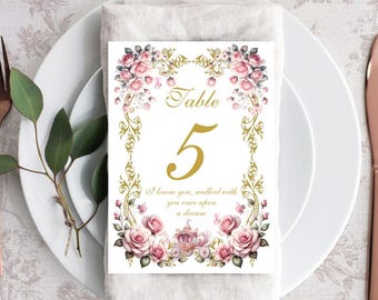 Guest Seating Cards Blush Floral Love Quotes Table Numbers | Table Seating Cards | Item TN-0705-1 | Bridal Shower Decor | Quinceañera
