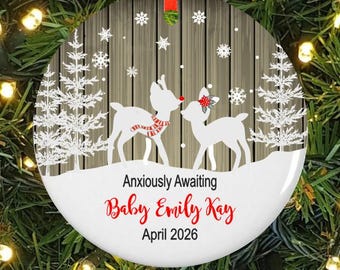 Woodland Deer Expecting Ornament - We're Expecting Christmas Ornament - Rudolph and Clarice Expecting Ornament #CO-0906 - lovebirdslane