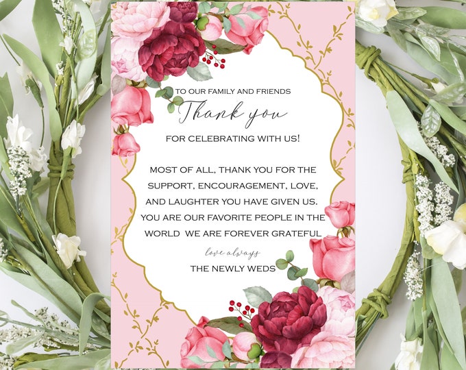 30 Printed Blush Burgundy Wedding Thank You Cards Spring Wedding Thank You Bridal Shower Thank You #0526-23