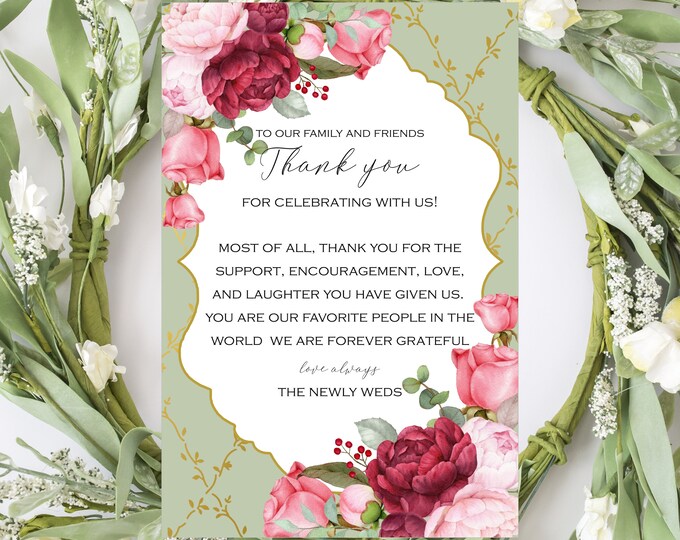 30 Printed Blush Burgundy Wedding Thank You Cards Spring Wedding Thank You Bridal Shower Thank You #0526-29