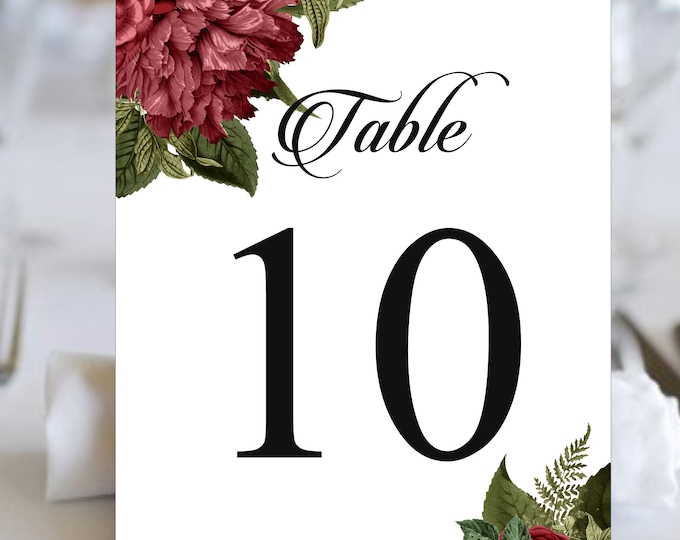 Table Numbers Burgundy Rose Wedding | Table Seating Cards | Item TN-619-6 | lovebirdslane