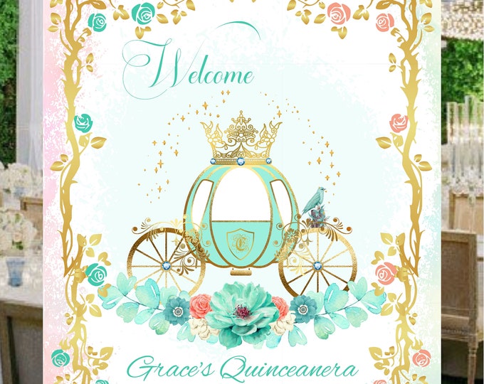 Blue Teal Enchanted Carriage Rose Wedding Welcome Sign Guest Book Alternative | Unique Wedding Guestbook |  LovebirdsLane #WS215-0-P