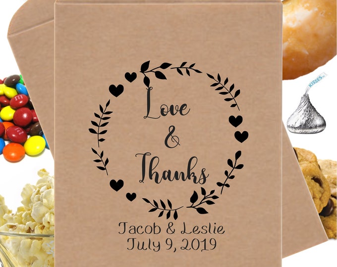 Wedding Favor Bags | Rustic Love & Thanks Candy Bags | Bridal Shower Cookie Bags | Candy Buffet Printed Paper Bags | Donut Bags | 24 Pack