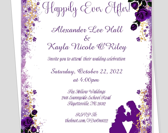 Personalized Rapunzel Enchanted Fairy Tale Wedding Invitation | Purple Princess Wedding Invitation | Calligraphy Wedding Invitation