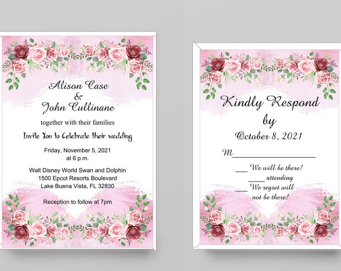 Watercolor Burgundy Blush Floral Fairy Tale  Wedding Invitation and RSVP Card | Princess Wedding Invitation | Calligraphy Wedding Invitation