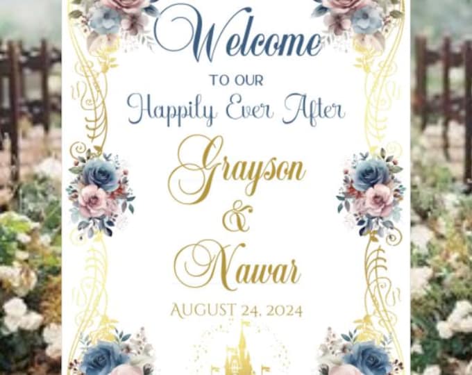 Wedding Welcome Sign Guestbook Alternative Personalized Fairytale Navy Blue Blush Ros Gold Castle  #0317-1P