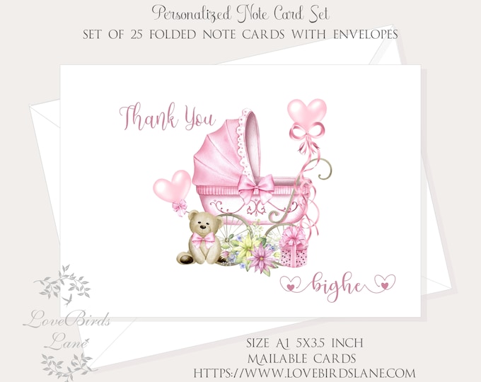 Princess Nursery Baby Carriage Personalized Thank You Note Cards | First Birthday Cards | Baby Shower Personal Thank You  | #C220701-5