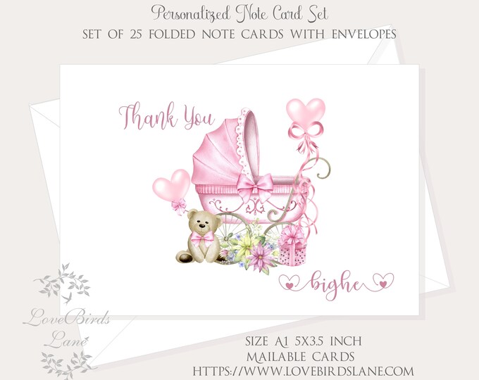 Princess Nursery Baby Carriage Personalized Thank You Note Cards | First Birthday Cards | Baby Shower Personal Thank You  | #C220701-5