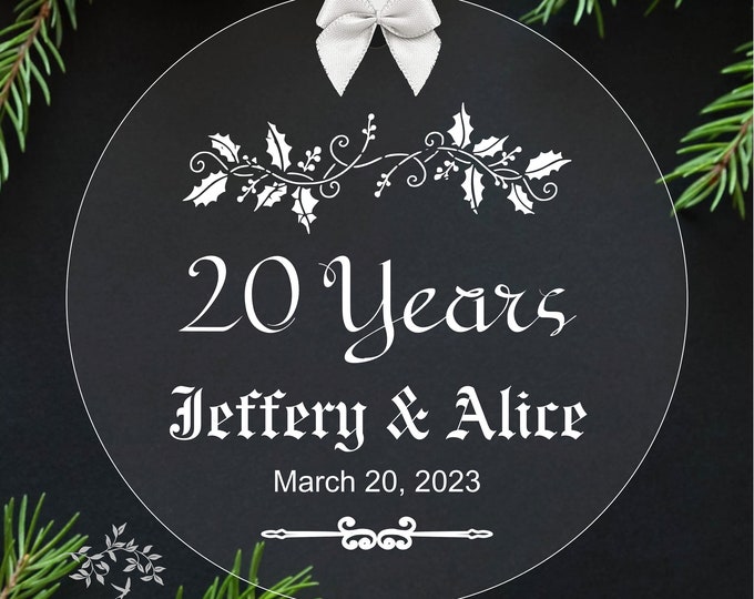 20 Year Anniversary Engraved First Christmas Wedding Custom Holiday Glass Ornament Keepsake - Large Over 3 Inch