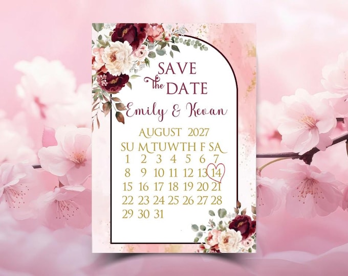 Personalized Red Enchanted Rose Save The Date Calligraphy Wedding Invite #I-705P