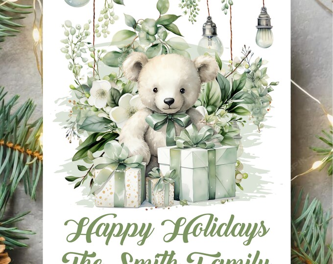 White Polar Bear Personalized Holiday Vintage Village Market Cards |  Holiday Greeting Cards | 2023 Seasons Greeting Cards Boxed #C1125-6