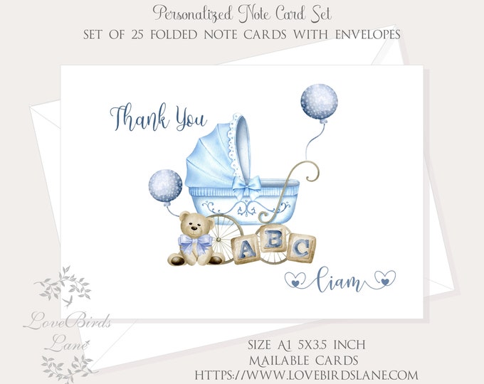 Baby Blue Vintage  Boy Personalized Thank You Cards | First Birthday Cards | Baby Shower Personal Thank You  | lovebirdslane #C22629-1