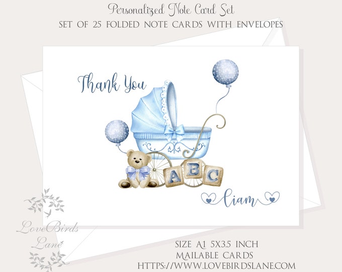 Baby Blue Vintage  Boy Personalized Thank You Cards | First Birthday Cards | Baby Shower Personal Thank You  | lovebirdslane #C22629-1
