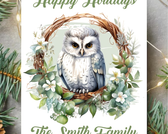 Personalized White Owl Christmas Cards |  Holiday Greeting Cards | 2023