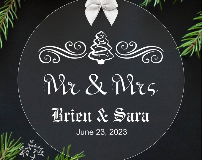 Mr & Mrs Engraved First Christmas Wedding Custom Holiday Glass Ornament Keepsake - Large Over 3 Inch lovebirdslane
