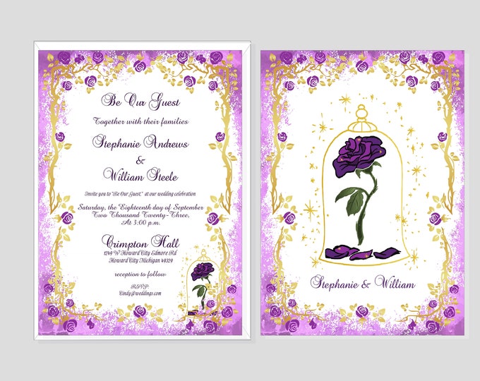 Beauty and The Beast Enchanted Rose Wedding Invitation Suite Calligraphy Wedding Invite with matching RSVP cards #I-228P-0