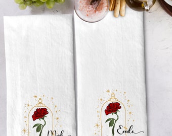Personalized Beauty and The Beast Enchanted Rose Tea Towel Gift Set | Personalized Kitchen Hand Towel #T11 lovebirdslane