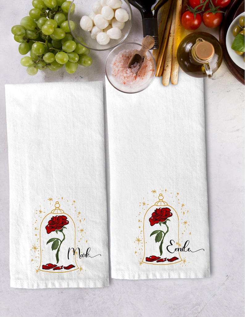 Personalized Beauty and The Beast Enchanted Rose Tea Towel Gift Set Personalized Kitchen Hand Towel T11 lovebirdslane image 1