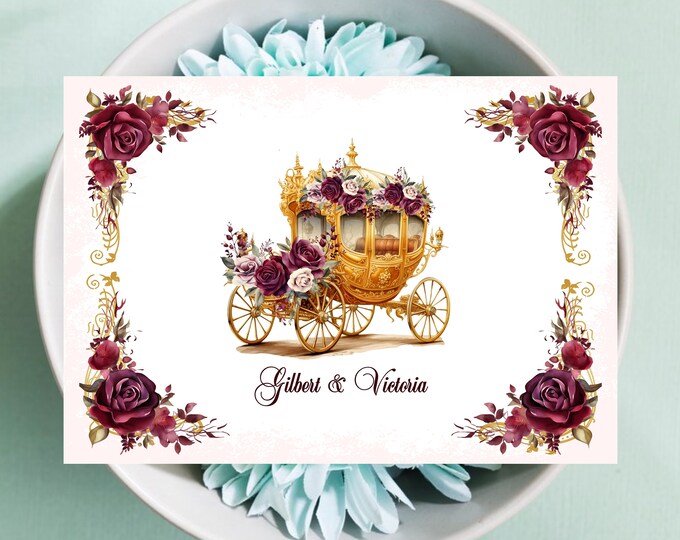 Personalized | Cinderella Pink Floral Carriage Thank You Cards | Enchanted Carriage Thank You Note Cards | Item #C719