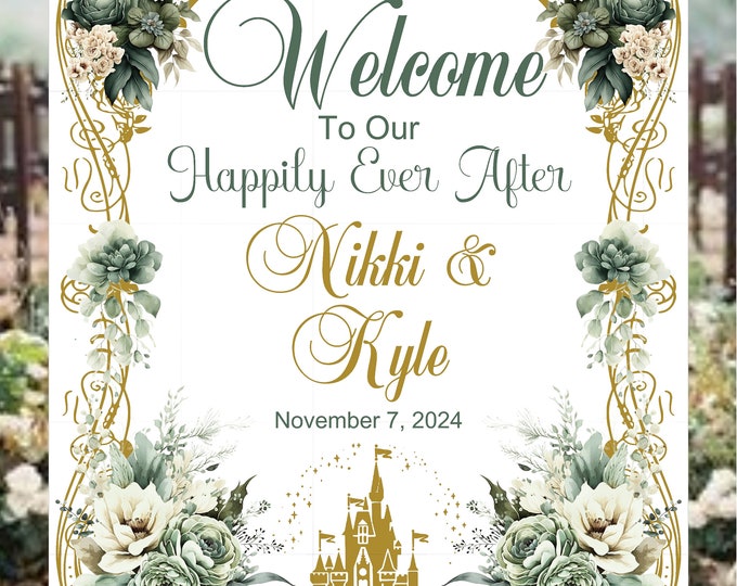 Digital Wedding Welcome Sign Personalized Fairy Tale Cinderella Castle Wedding Welcome Sign Red and Gold lovebirdslane #S0922-1D