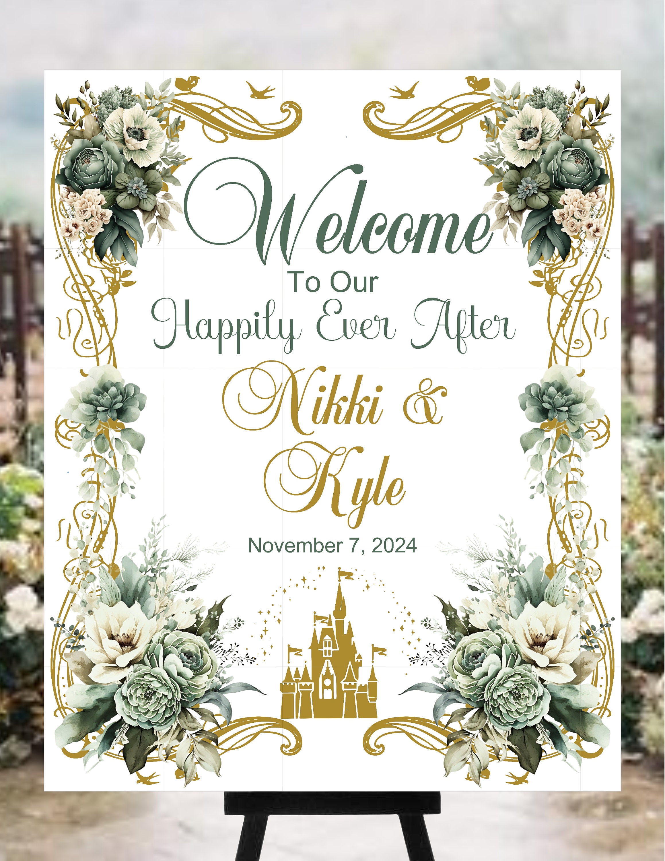 Digital Wedding Welcome Sign Personalized Fairy Tale Cinderella Castle Wedding Welcome Sign Red and Gold lovebirdslane #S0922-1D