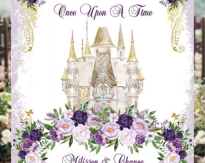 Wedding Welcome Sign Bridal Keepsake Guestbook Alternative Personalized Fairytale Purple Rose Golden Castle  #0824-3P