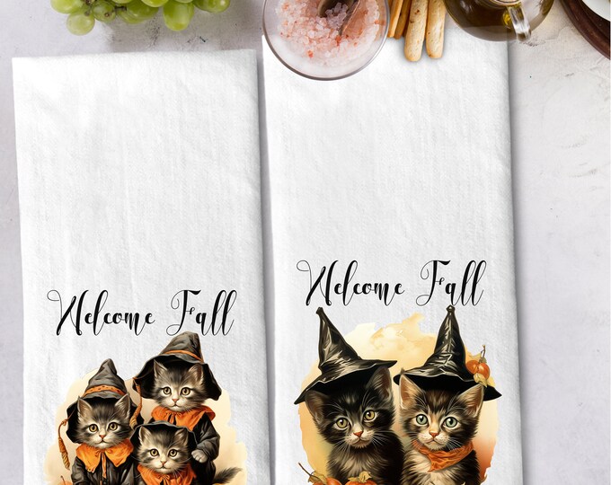 Vintage Halloween Kitten Welcome Fall Tea Towels Personalized Vintage Pumpkin Tea Towel Gift Set | Kitchen Hand Towel Gift Set lovebirdslane