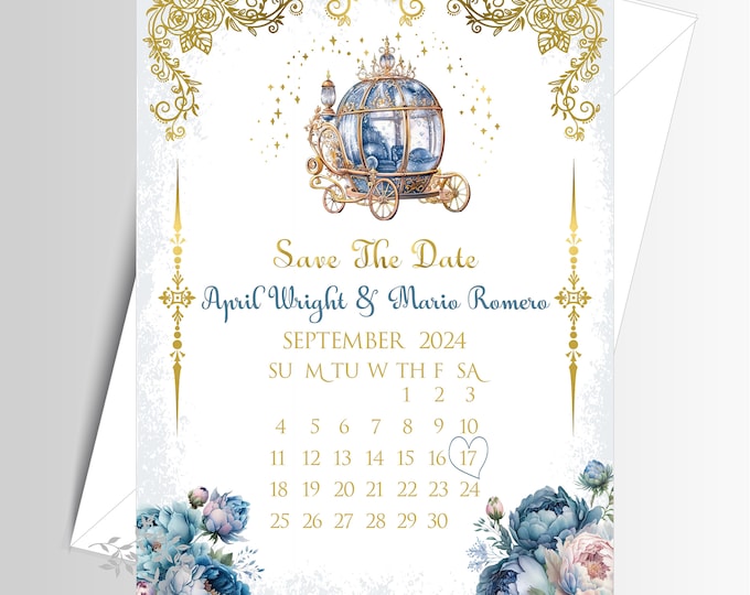 Cinderella Blue Carriage Save The Date Invite | Wedding Invitation | Calligraphy Wedding Invitation | Lovebirdslane #I-0704-6