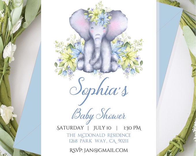 Blue Floral Crown Elephant Invitation Party Invite For Baby Showers and Birthdays #I223P-5