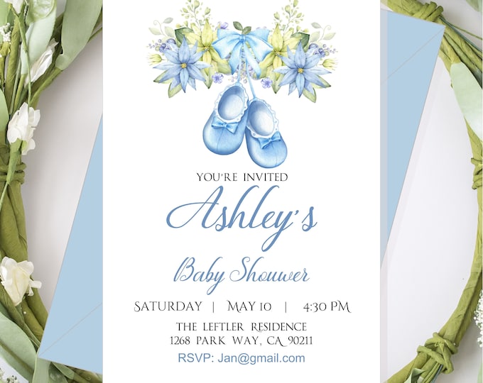 Blue Baby Booties Invitation Party Invite For Baby Showers and Birthdays #I223P-0