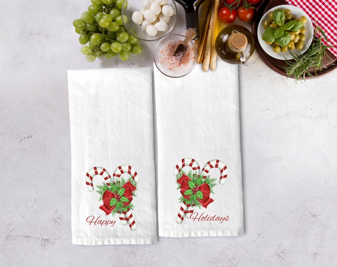 Personalized Candy Cane Tea Towel Gift Set | Personalized Kitchen Hand Towel #TT-23 | 100% Cotton Personalized Flour Sack Towels