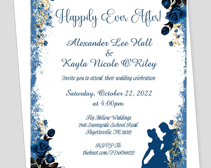 Personalized Cinderella Enchanted Fairy Tale Wedding Invitation | Sapphire Blue Princess Wedding Invitation | Calligraphy Wedding Invitation