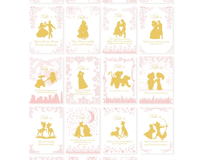 Pink & Gold Story Book Quotable Table Numbers | Create Your Set | Quotable Table Cards | Birthday Quotable Table Cards