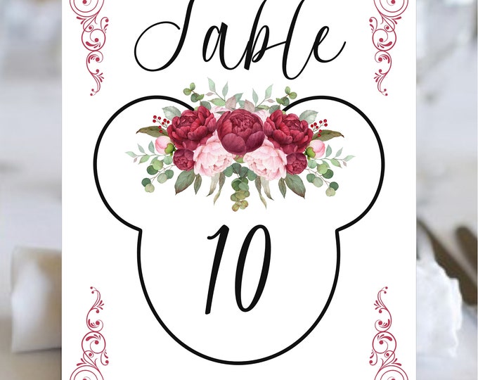 Burgundy Blush Floral Mickey Ears Wedding Table Number | Printable Table Number Cards | Instant Download lovebirdslane #317-4