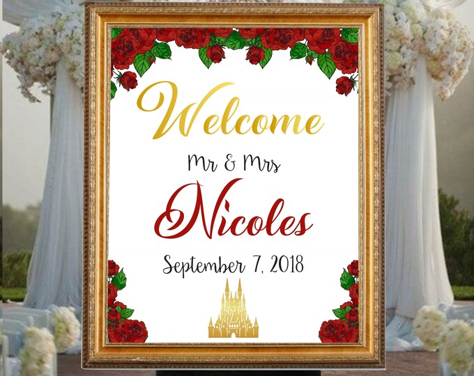 Welcome Mr & Mrs Personalized Sign Wedding Welcome Sign Red Rose Enchanted Rose Welcome Sign