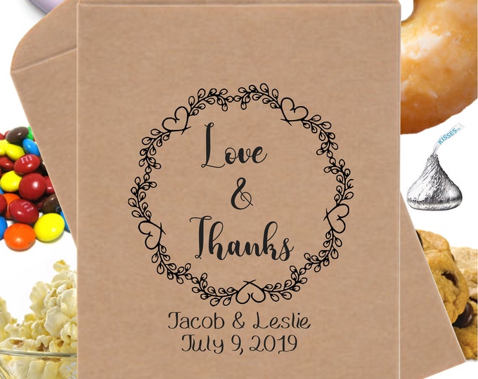 Wedding Favor Bags | Rustic Love & Thanks Candy Bags | Bridal Shower Cookie Bags | Candy Buffet Printed Paper Bags | Donut Bags | 24 Pack