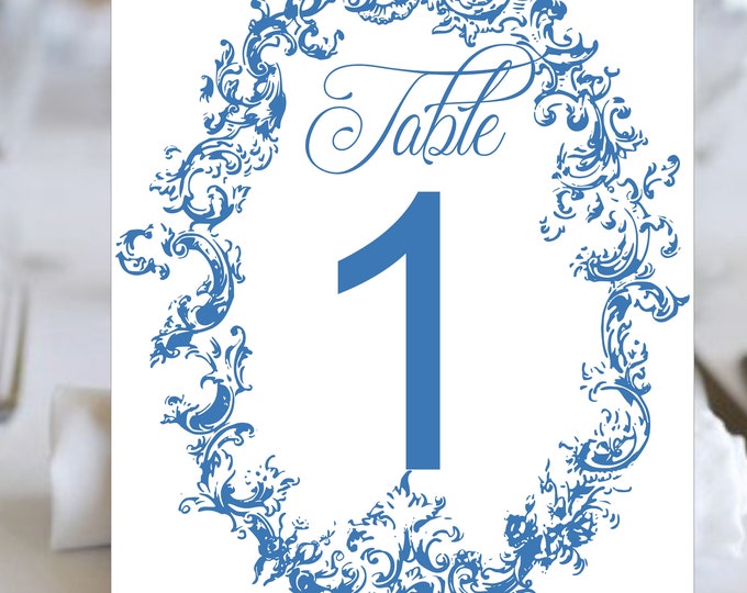 Table Numbers Vintage Blue Filigree Floral Wedding | Table Seating Cards | Item TN-619-110 | lovebirdslane