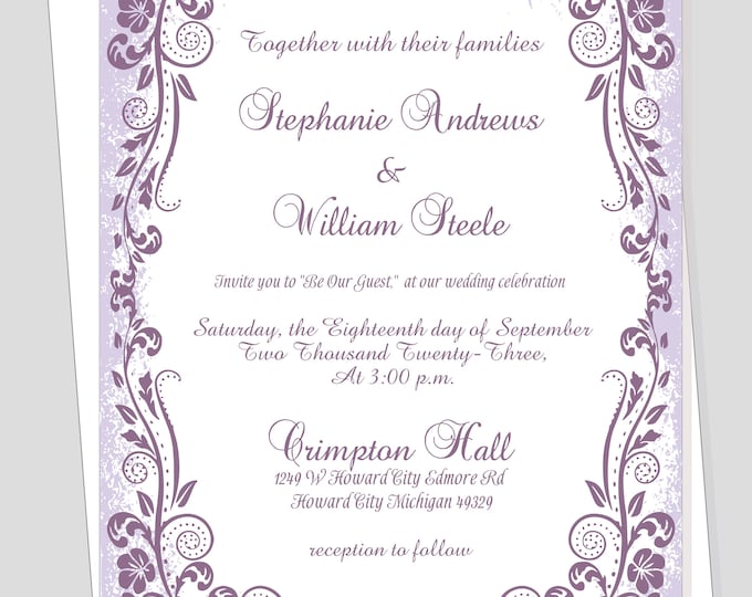 Wisteria Lavender Haze Filigree Monogram Modern Bride Wedding Invitation | Calligraphy Wedding Invitation #WI0518-6P