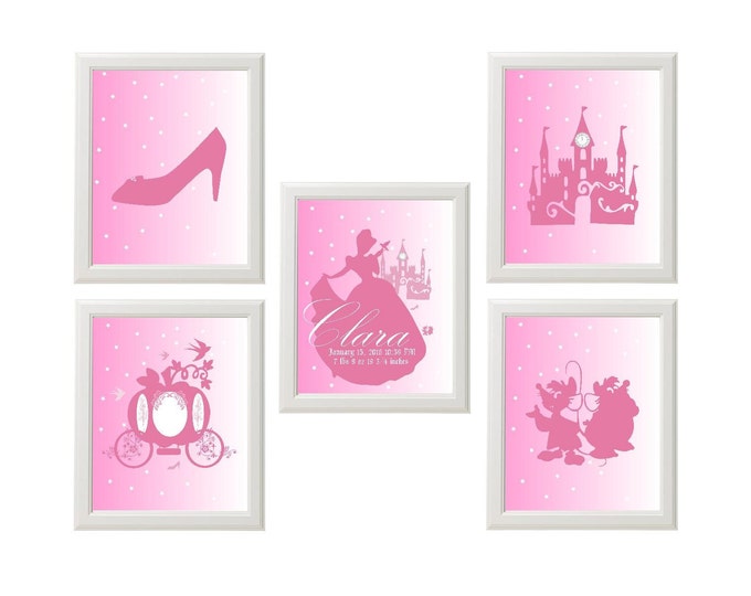 Cinderella Nursery Princess Bedroom Wall Art Set of 5 Prints, Personalized Disney Princess Wall Art Birth Statistics, #CP5PP01 lovebirdslane