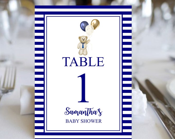 Watercolor Navy Stripe Bear Table Numbers Select Your Numbers | Table Cards | Birthday Quotable Table Cards | Build Your Own Set
