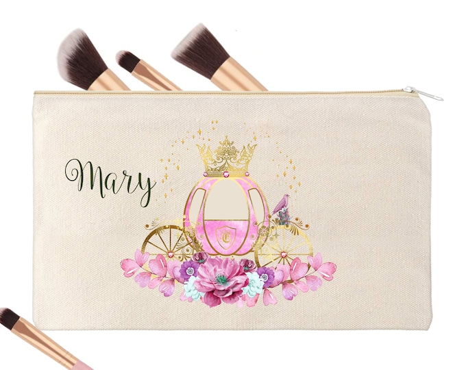 Blush Floral Fairytale Carriage Personalized Name Monogram Makeup Bag Wedding Favor Bridesmaid Gift #MB-1010-8
