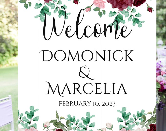 Digital Personalized Blush and Burgundy Rose Wedding Welcome Sign Personalized Quinceañera Sign  lovebirdslane #S222622-1