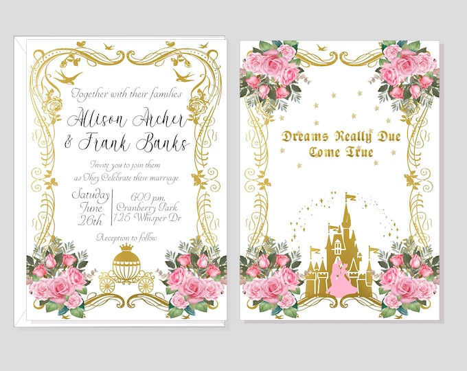 Vintage Cinderella Fairy Tale Wedding Invitation | Cinderella Carriage 2 sided Wedding Invitation | Calligraphy Wedding Invitation