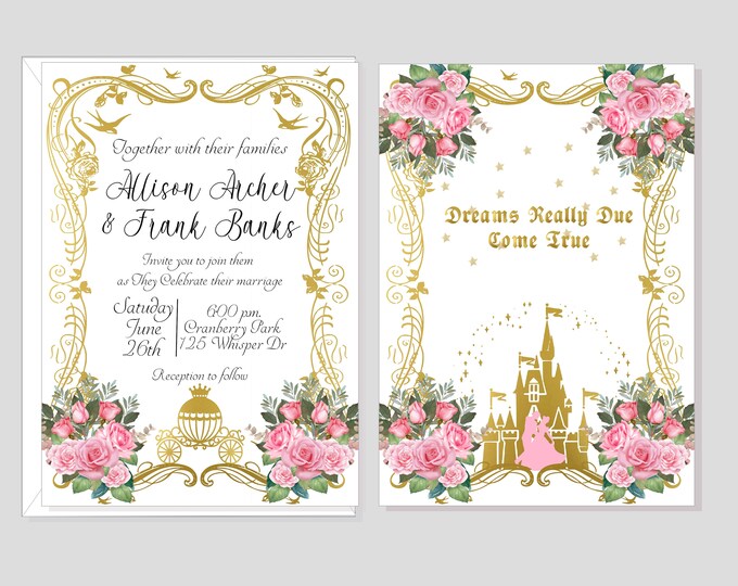 Vintage Cinderella Fairy Tale Wedding Invitation | Cinderella Carriage 2 sided Wedding Invitation | Calligraphy Wedding Invitation