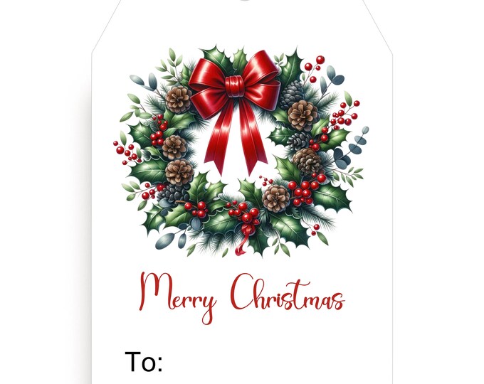 PRINTED Christmas Gift Tags wtih String Personalized Red Boxwood Bow Corporate Gift Custom Hostess Gift Vintage Wreath Gift Tags