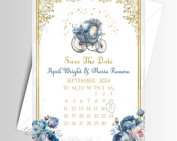 Cinderella Blue Carriage Save The Date Invite | Wedding Invitation | Calligraphy Wedding Invitation | Lovebirdslane #I-0704-12