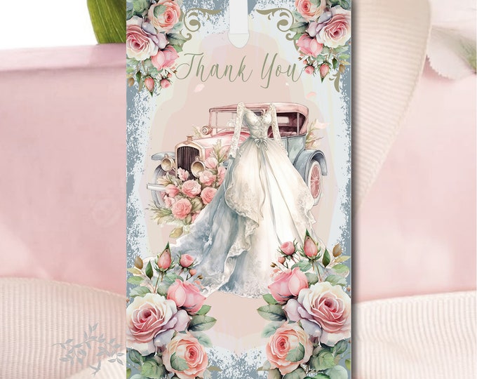 Vintage Wedding Dress and Car Gift Tags |  Bridesmaid Cards | Blush Rose Thank You Cards | Personalized Thank You Card | #T501